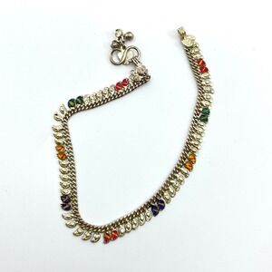 Vintage Boho Enamel Multi-Color Charm Anklet Silver Tone Retro Gypsy Style